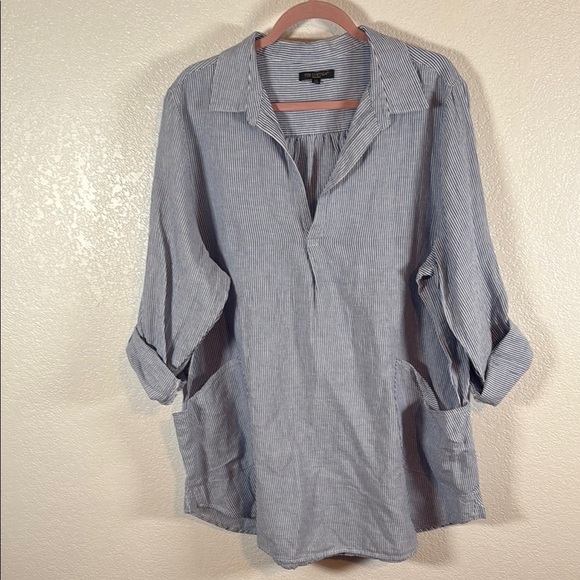 For Cynthia Blue Stripe Linen Lagenlook Tunic Top Roll Tab Sleeves Size 3X - Picture 1 of 6